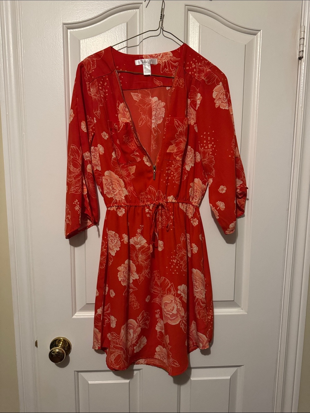 Red Floral V-Neck Drawstring Dress